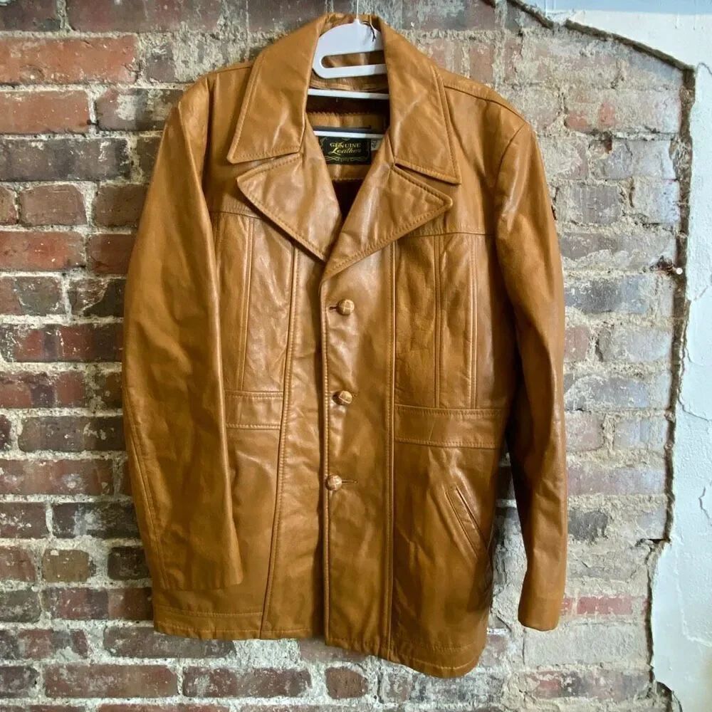 Genuine Leather Vintage 1970s Faux Fur Removable Liner Carmel Jacket • SIZE 40